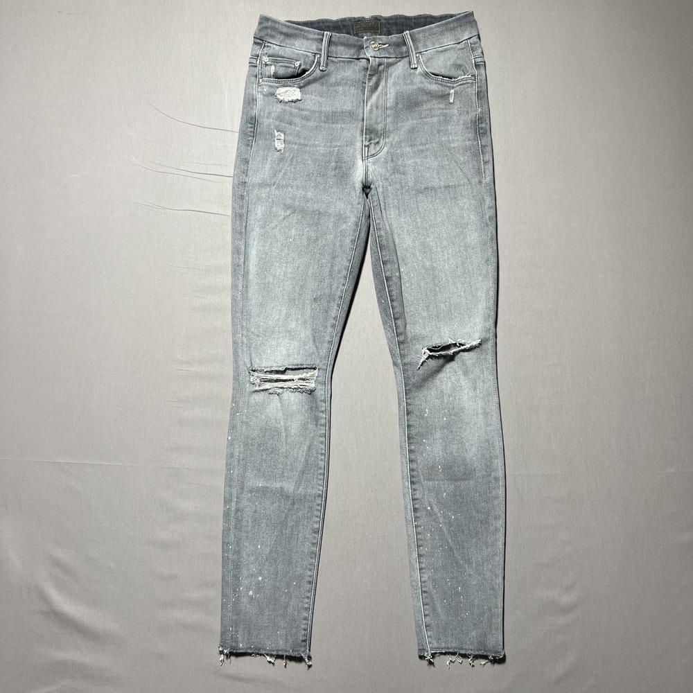 MOTHER Light Gray Distressed Ankle Jeans
